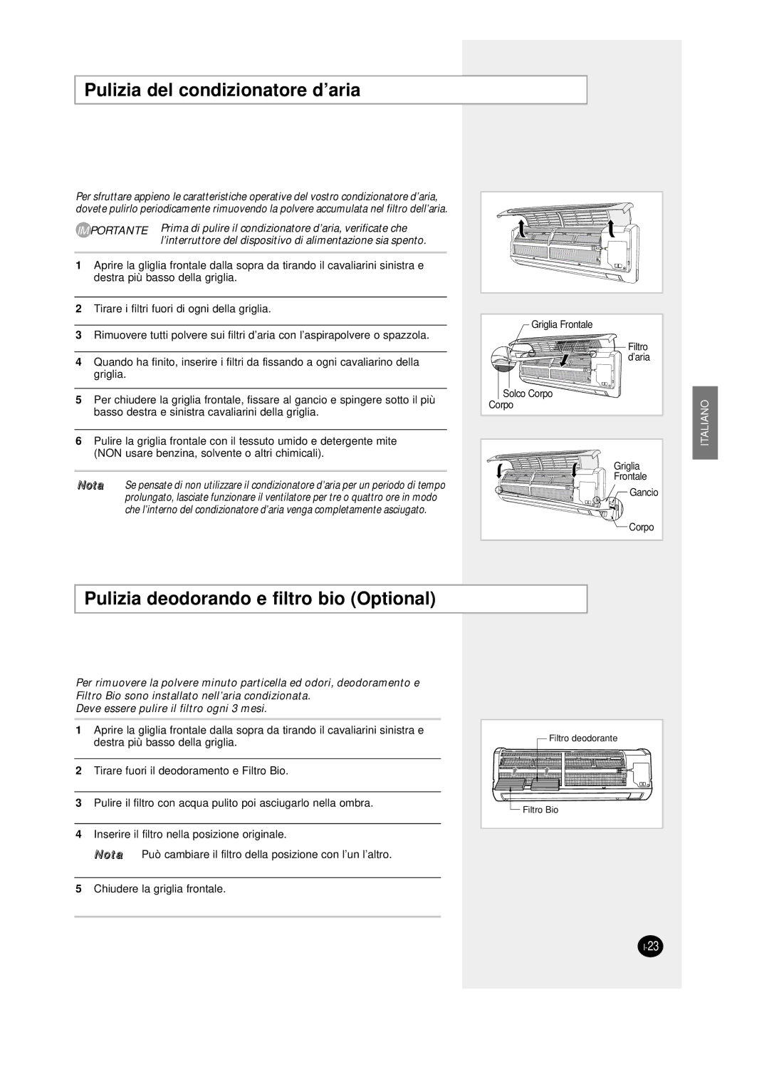 Samsung SC12AWHD manual Pulizia del condizionatore d’aria, Pulizia deodorando e filtro bio Optional 