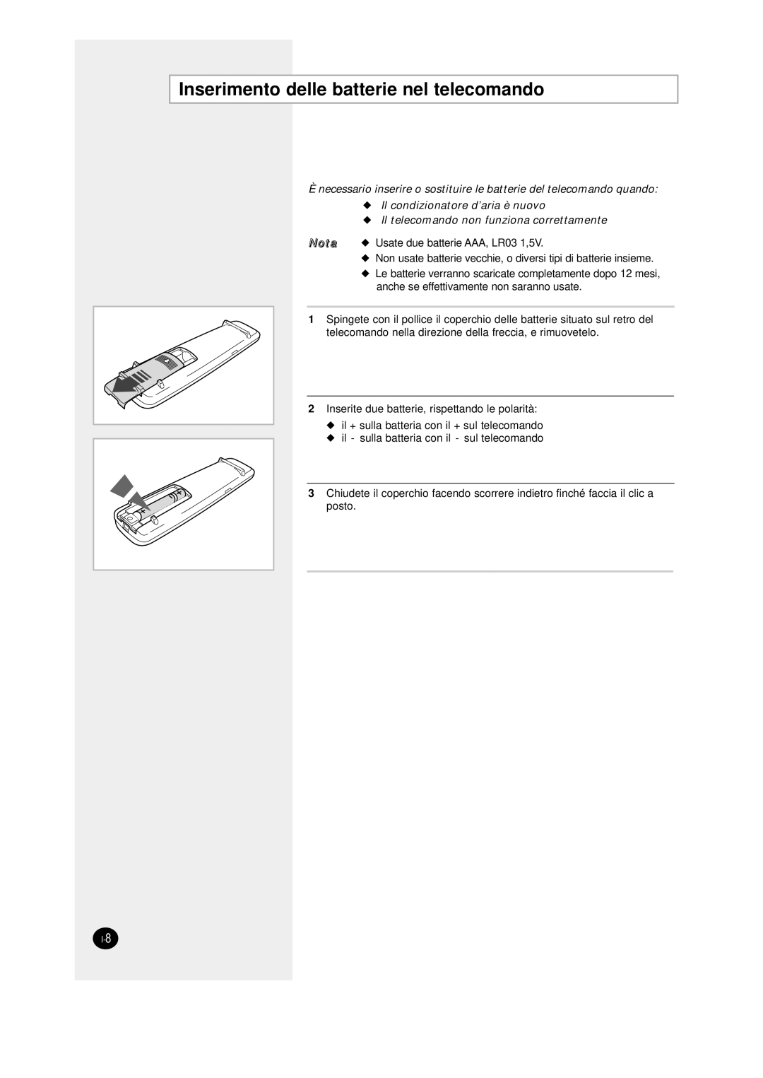 Samsung SC12AWHD manual Inserimento delle batterie nel telecomando 