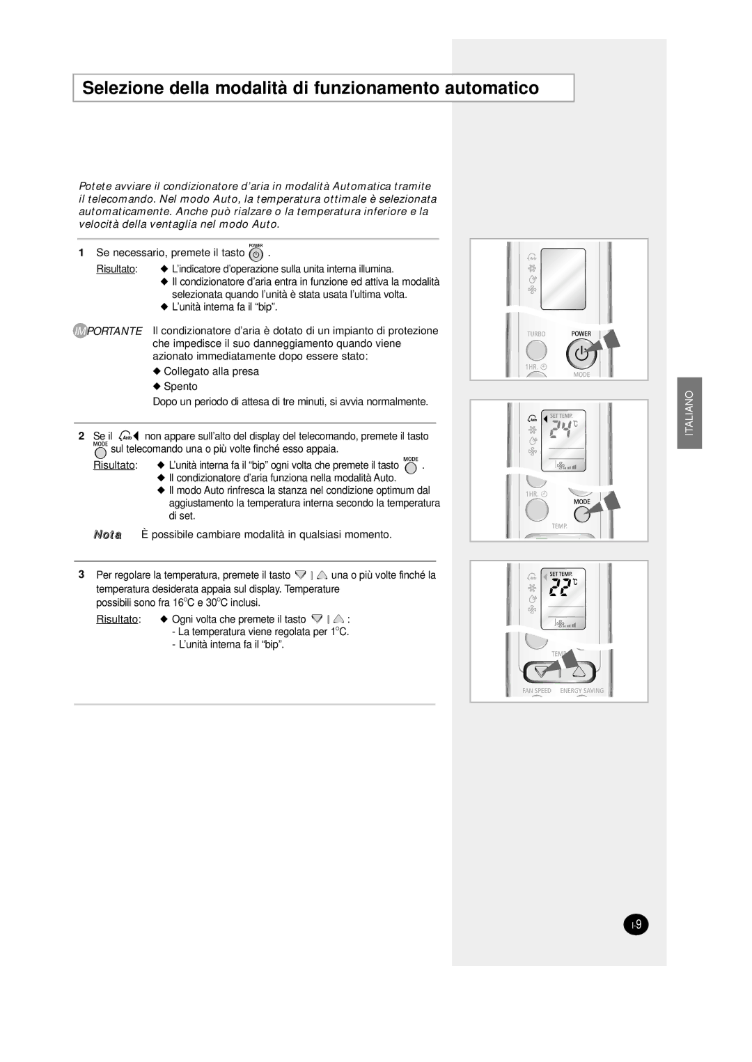 Samsung SC12AWHD manual Selezione della modalità di funzionamento automatico 