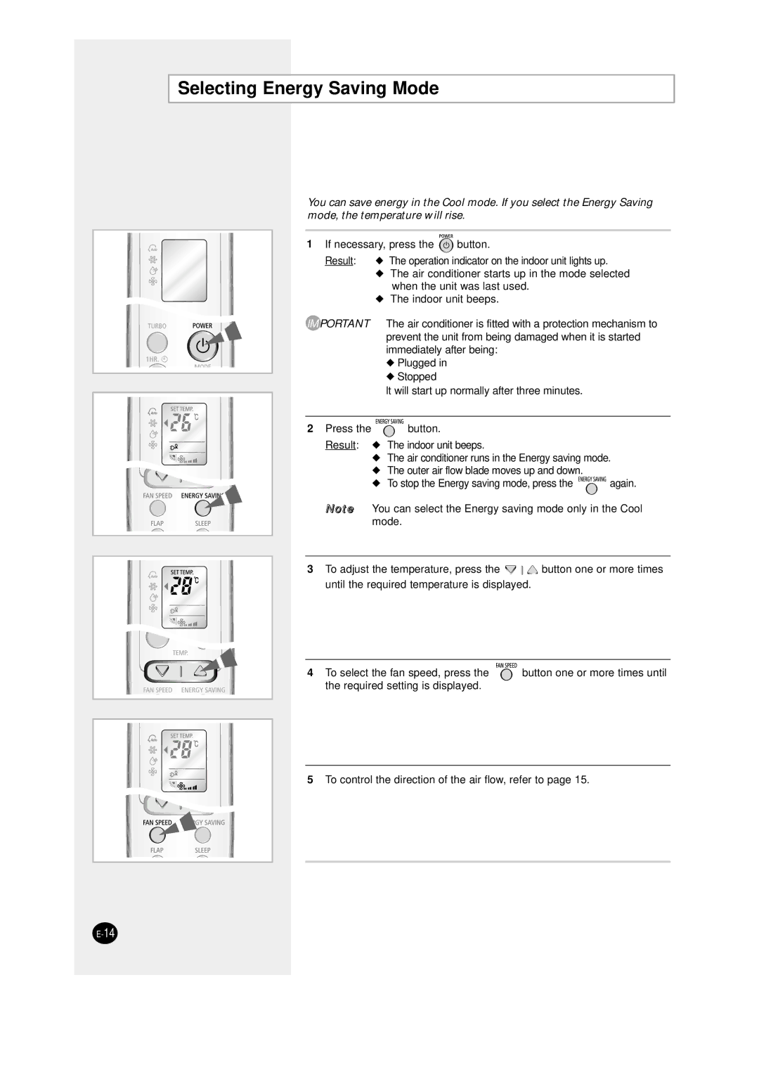 Samsung SC12AWHD manual Selecting Energy Saving Mode 