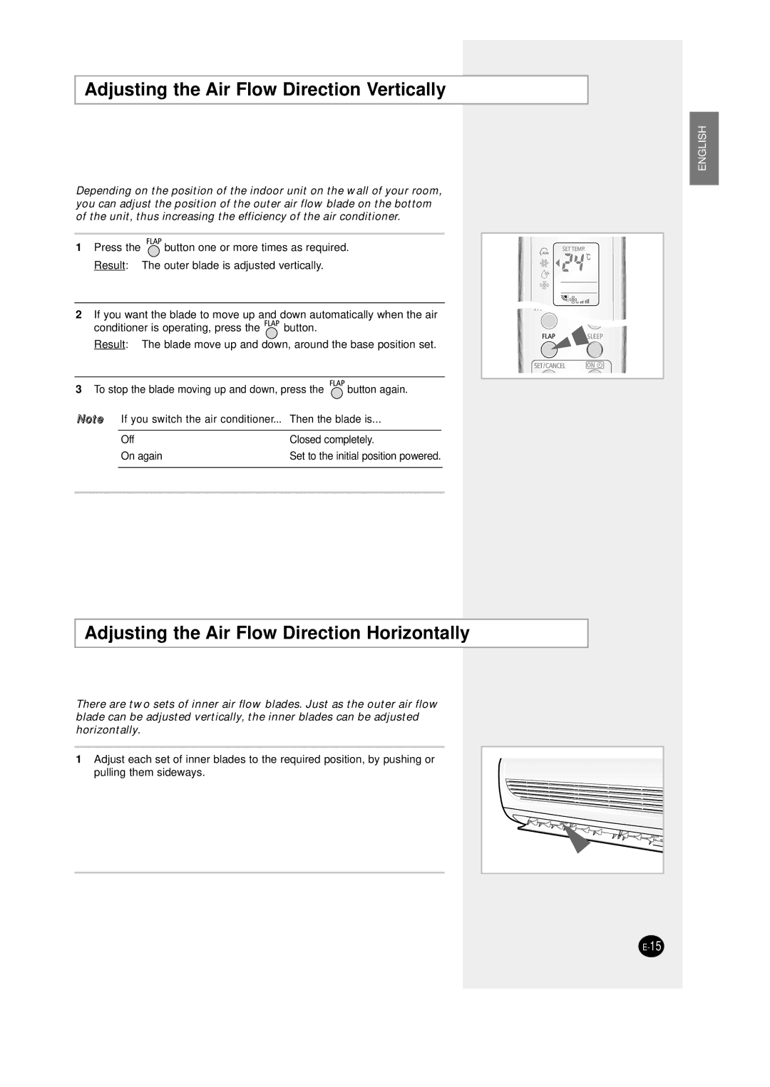 Samsung SC12AWHD manual Adjusting the Air Flow Direction Vertically, Adjusting the Air Flow Direction Horizontally 