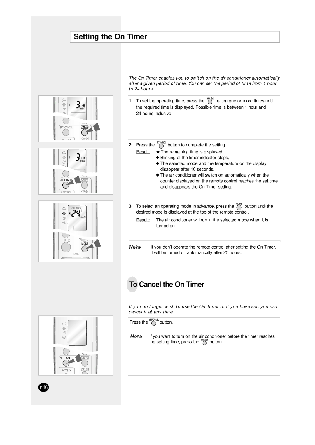 Samsung SC12AWHD manual Setting the On Timer, To Cancel the On Timer 