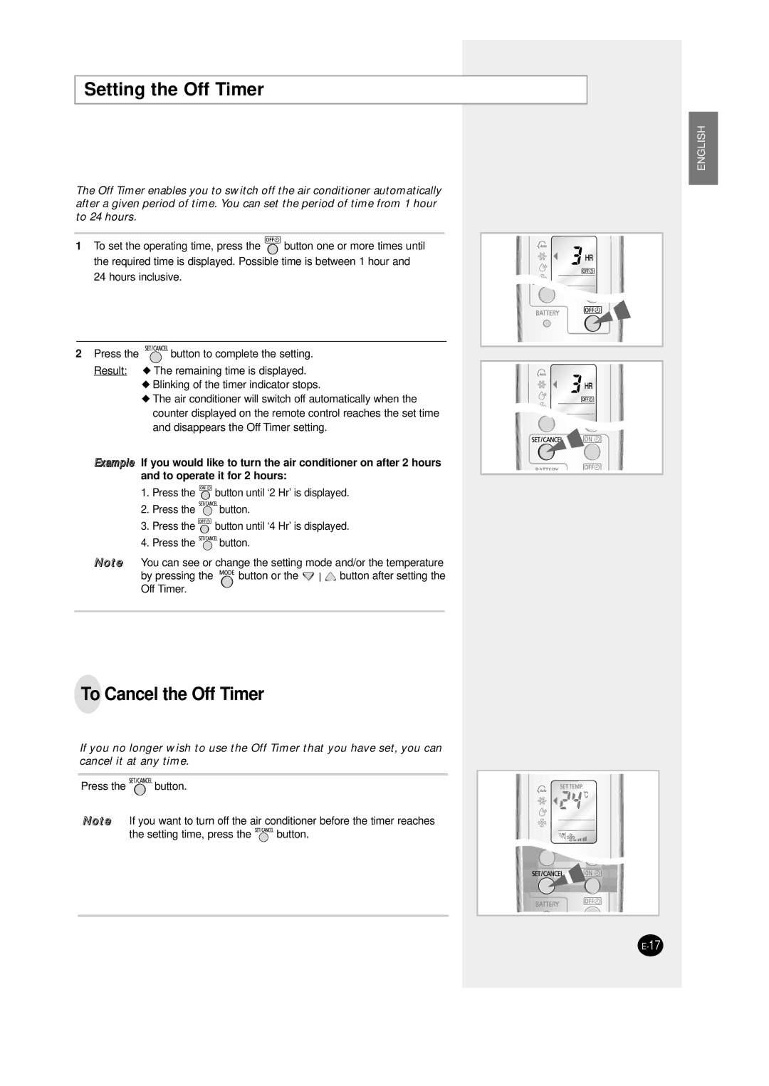 Samsung SC12AWHD manual Setting the Off Timer, To Cancel the Off Timer 