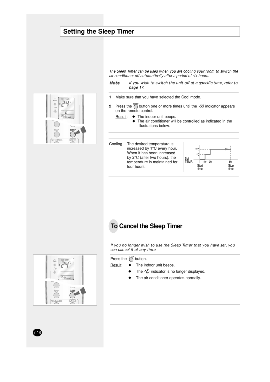 Samsung SC12AWHD manual Setting the Sleep Timer, To Cancel the Sleep Timer 