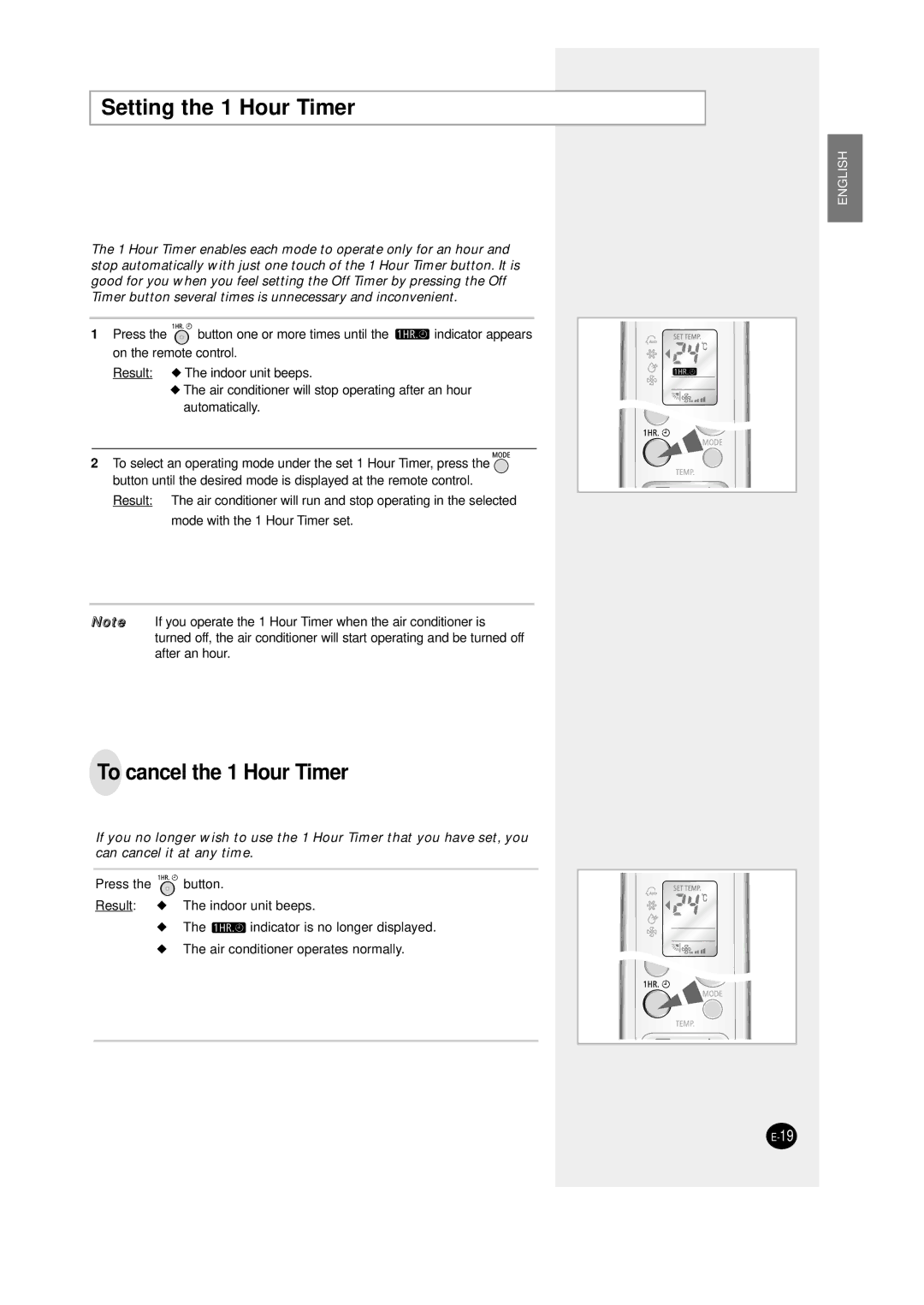 Samsung SC12AWHD manual Setting the 1 Hour Timer, To cancel the 1 Hour Timer 