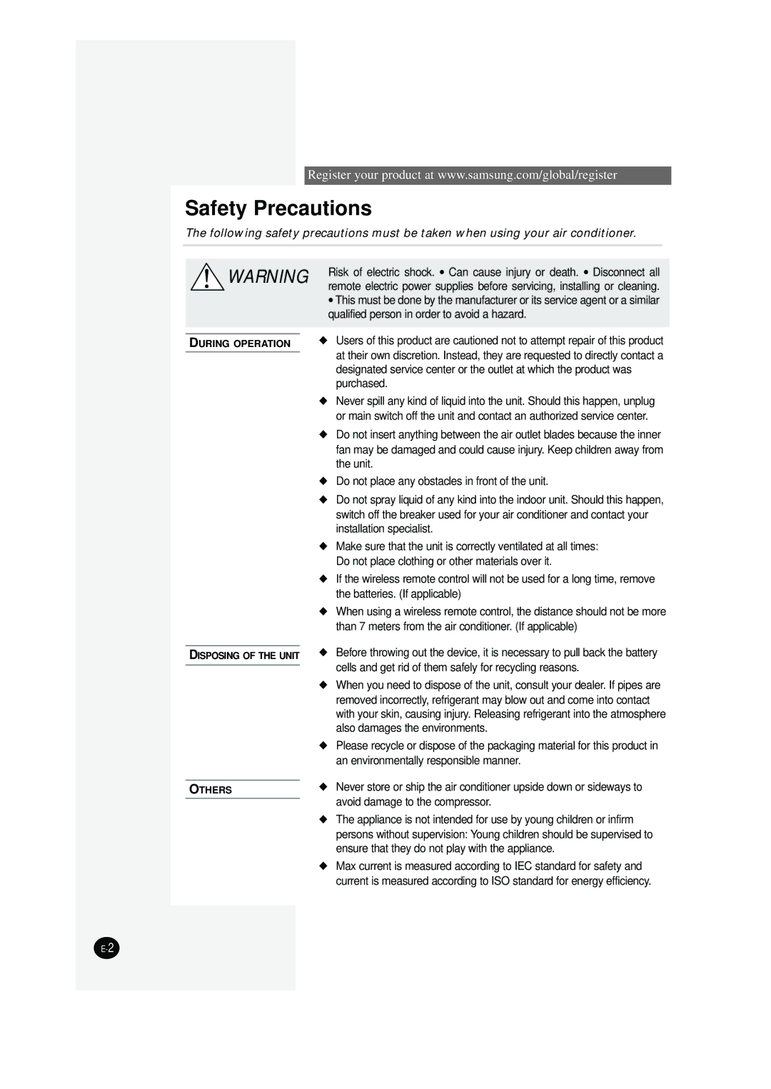 Samsung SC12AWHD manual Safety Precautions 