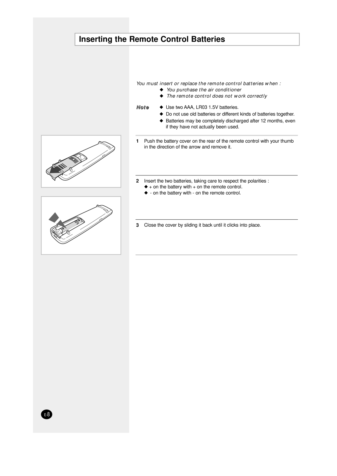 Samsung SC12AWHD manual Inserting the Remote Control Batteries 