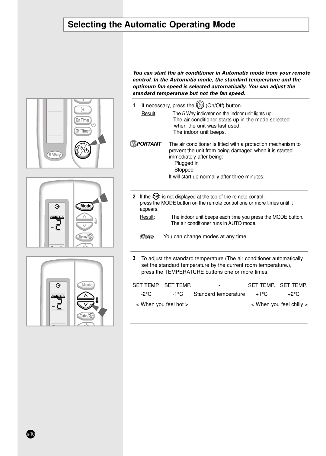 Samsung SC12ZB1 manuel dutilisation Selecting the Automatic Operating Mode 