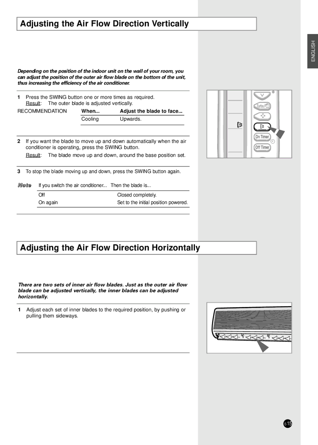 Samsung SC12ZB1 Adjusting the Air Flow Direction Vertically, Adjusting the Air Flow Direction Horizontally 