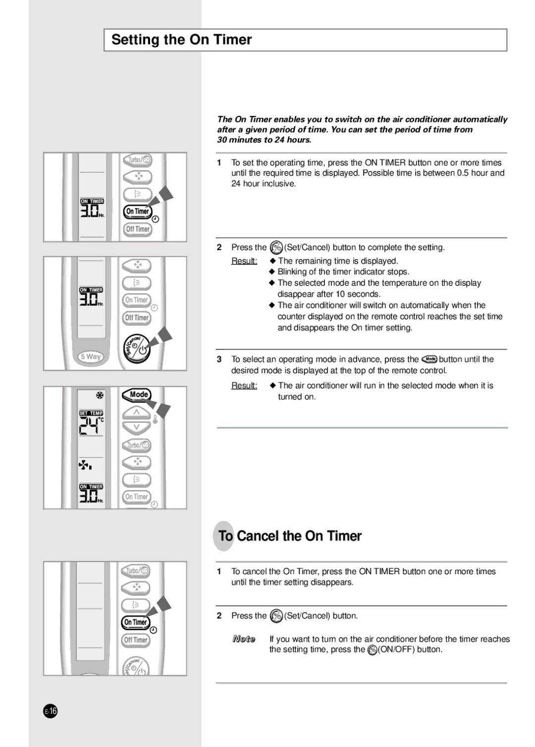 Samsung SC12ZB1 manuel dutilisation Setting the On Timer, To Cancel the On Timer 