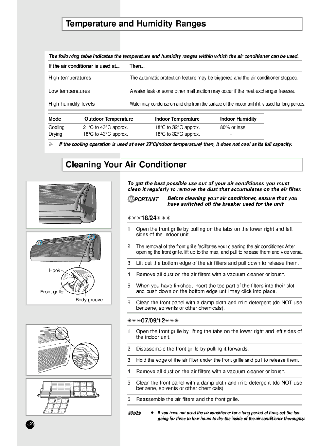 Samsung SC12ZB1 Temperature and Humidity Ranges, Cleaning Your Air Conditioner, If the air conditioner is used at Then 