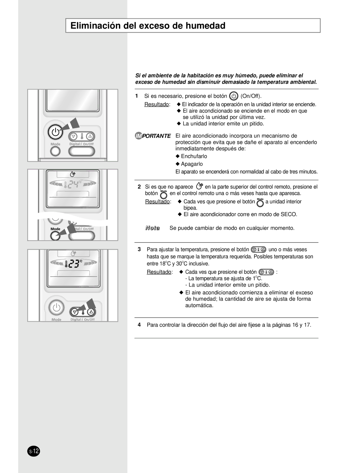 Samsung SC18AP0DX, SC12APGDX manual Eliminación del exceso de humedad 