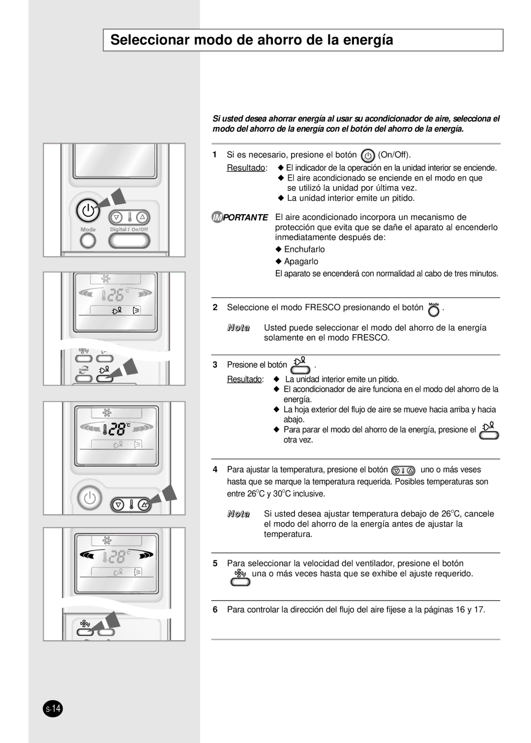 Samsung SC18AP0DX, SC12APGDX manual Seleccionar modo de ahorro de la energía, Si es necesario, presione el botón On/Off 