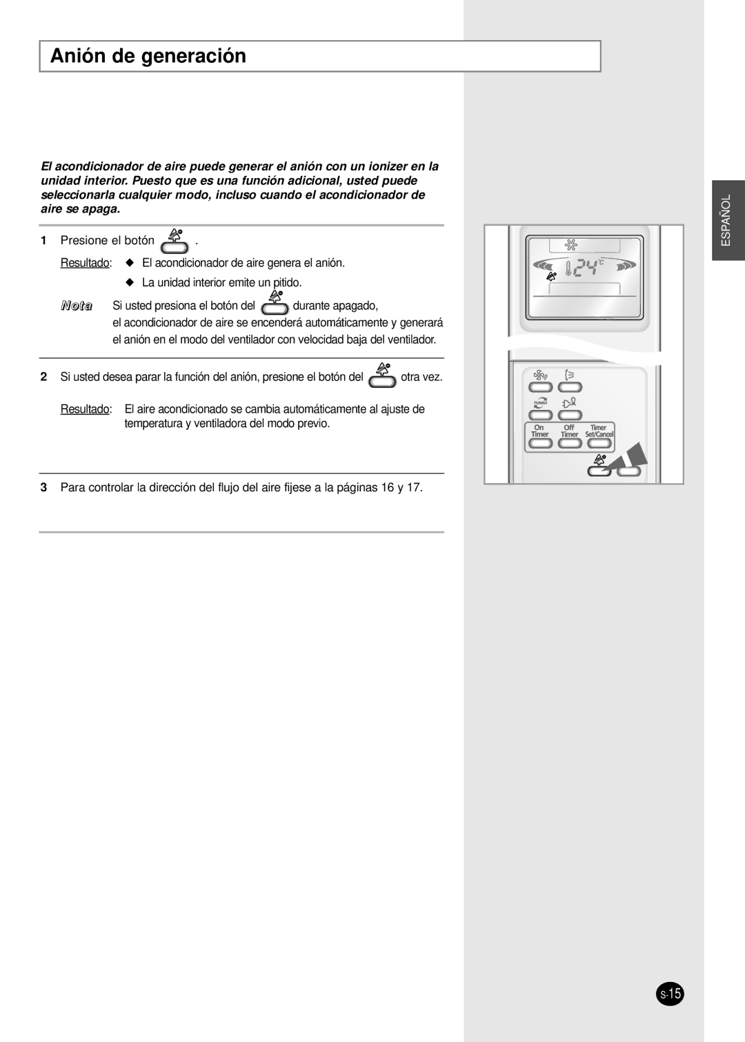 Samsung SC18AP0DX, SC12APGDX manual Anión de generación 