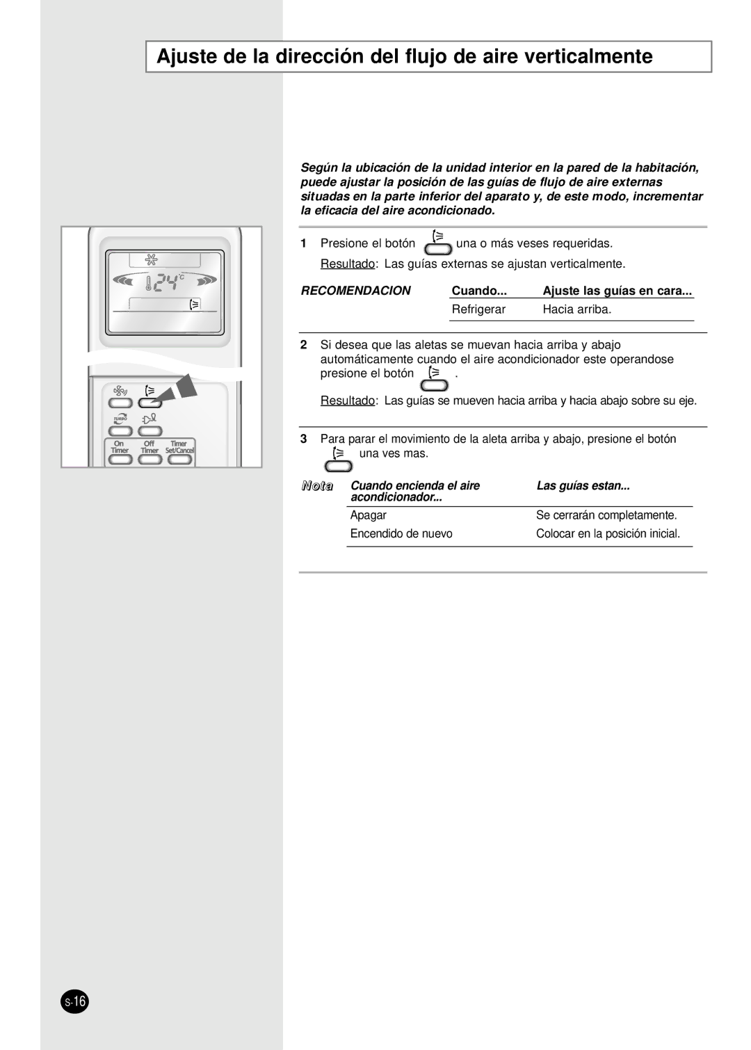 Samsung SC12APGDX, SC18AP0DX manual Ajuste de la dirección del flujo de aire verticalmente, Recomendacion 