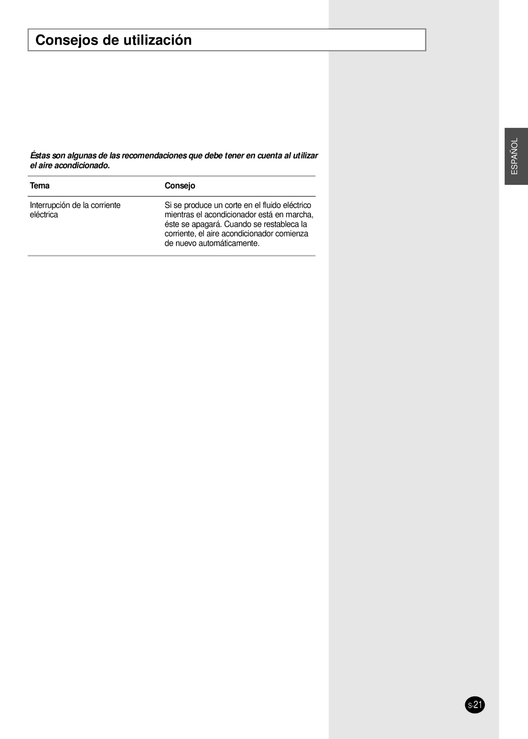 Samsung SC12APGDX, SC18AP0DX manual Consejos de utilización, Tema Consejo 