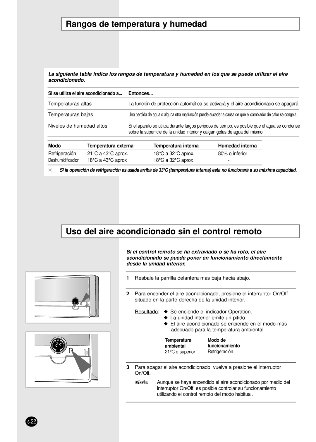 Samsung SC18AP0DX, SC12APGDX manual Rangos de temperatura y humedad, Uso del aire acondicionado sin el control remoto 