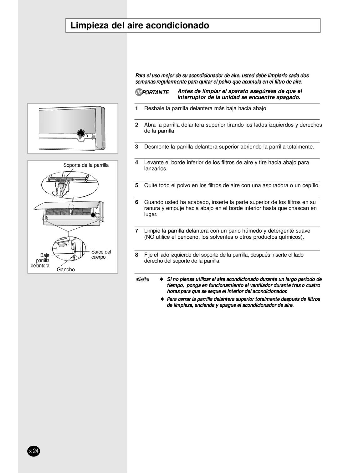 Samsung SC12APG, SC18AP0DX manual Limpieza del aire acondicionado, Horas para que se seque el interior del acondicionador 