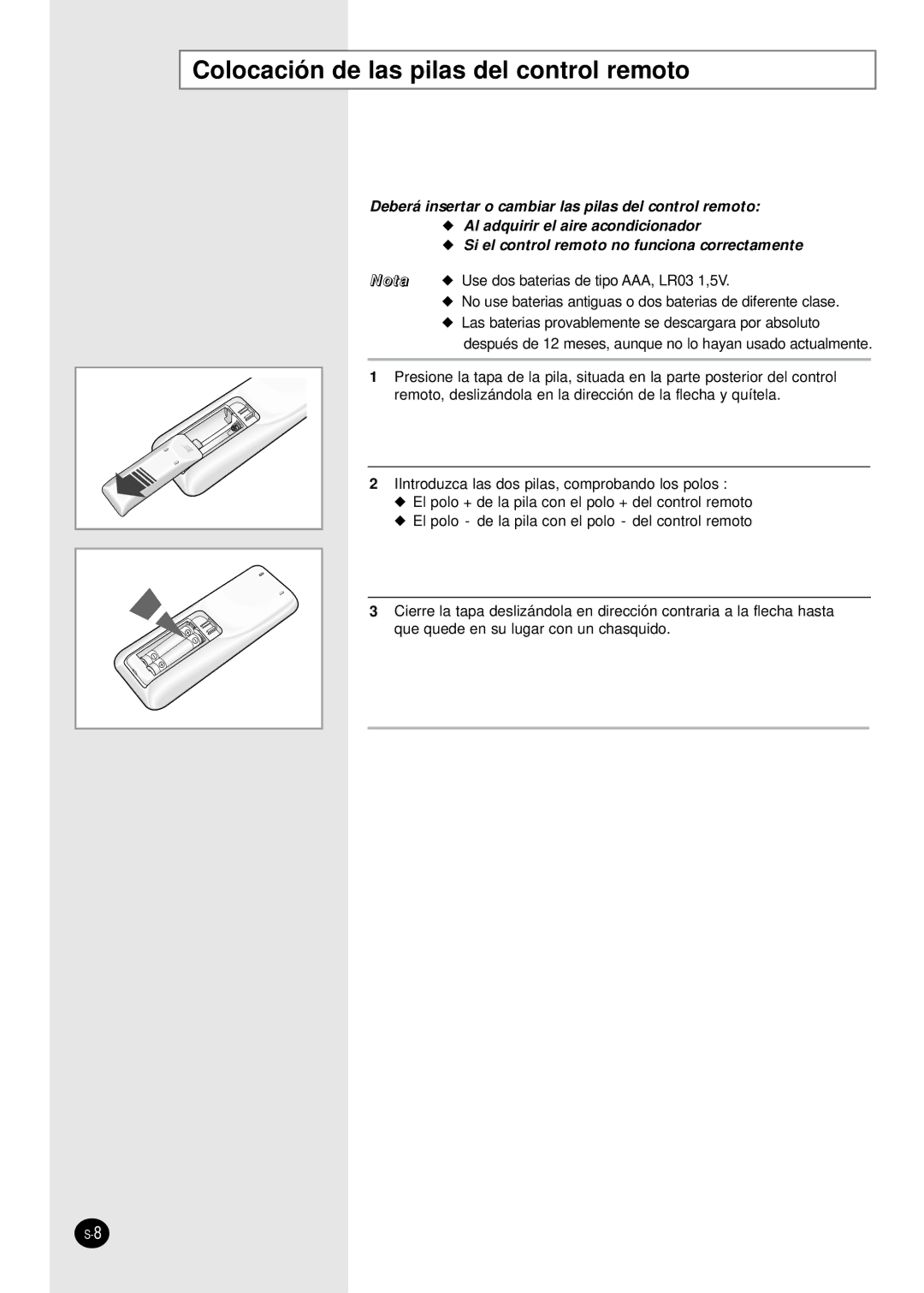 Samsung SC18AP0DX, SC12APGDX manual Colocación de las pilas del control remoto 