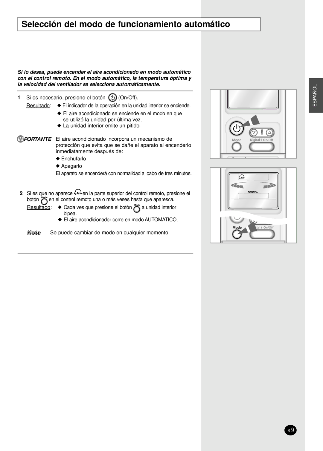 Samsung SC18AP0DX, SC12APGDX manual Selección del modo de funcionamiento automático 