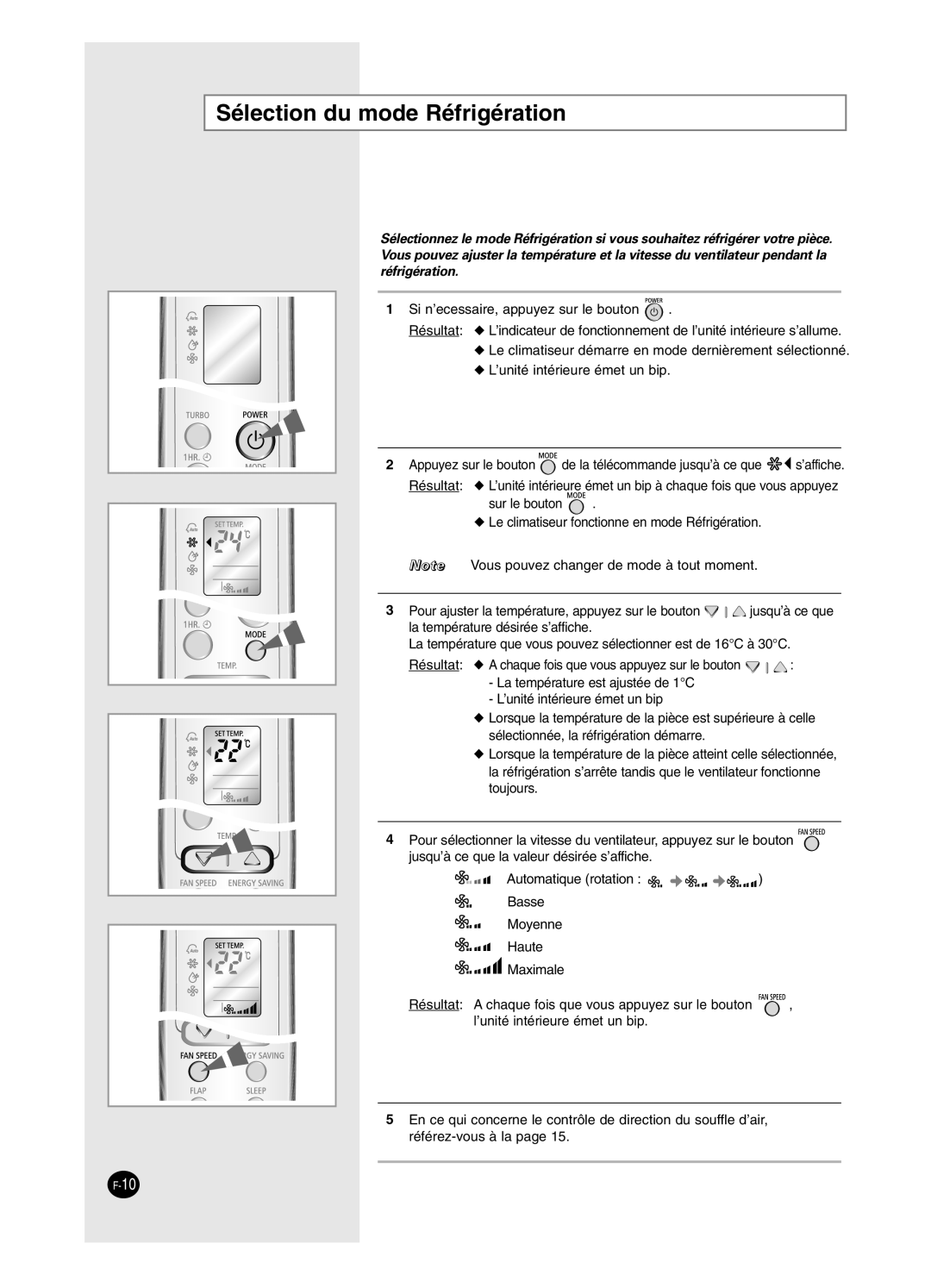 Samsung SC18AW6, SC24AW6 manual Sélection du mode Réfrigération 