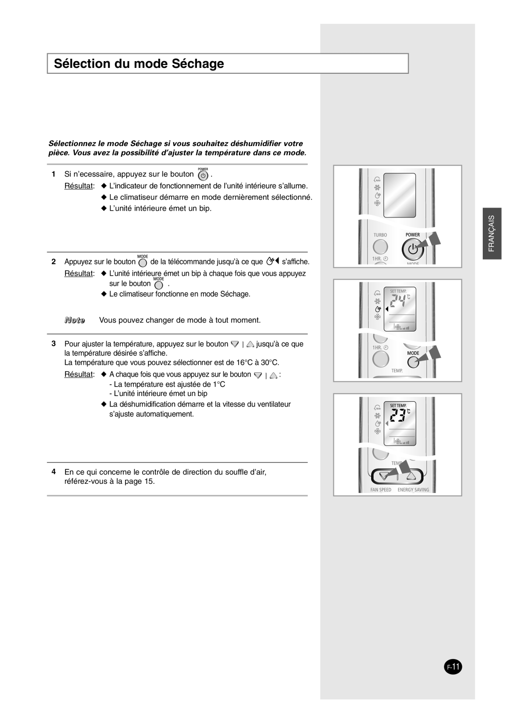 Samsung SC24AW6, SC18AW6 manual Sélection du mode Séchage 