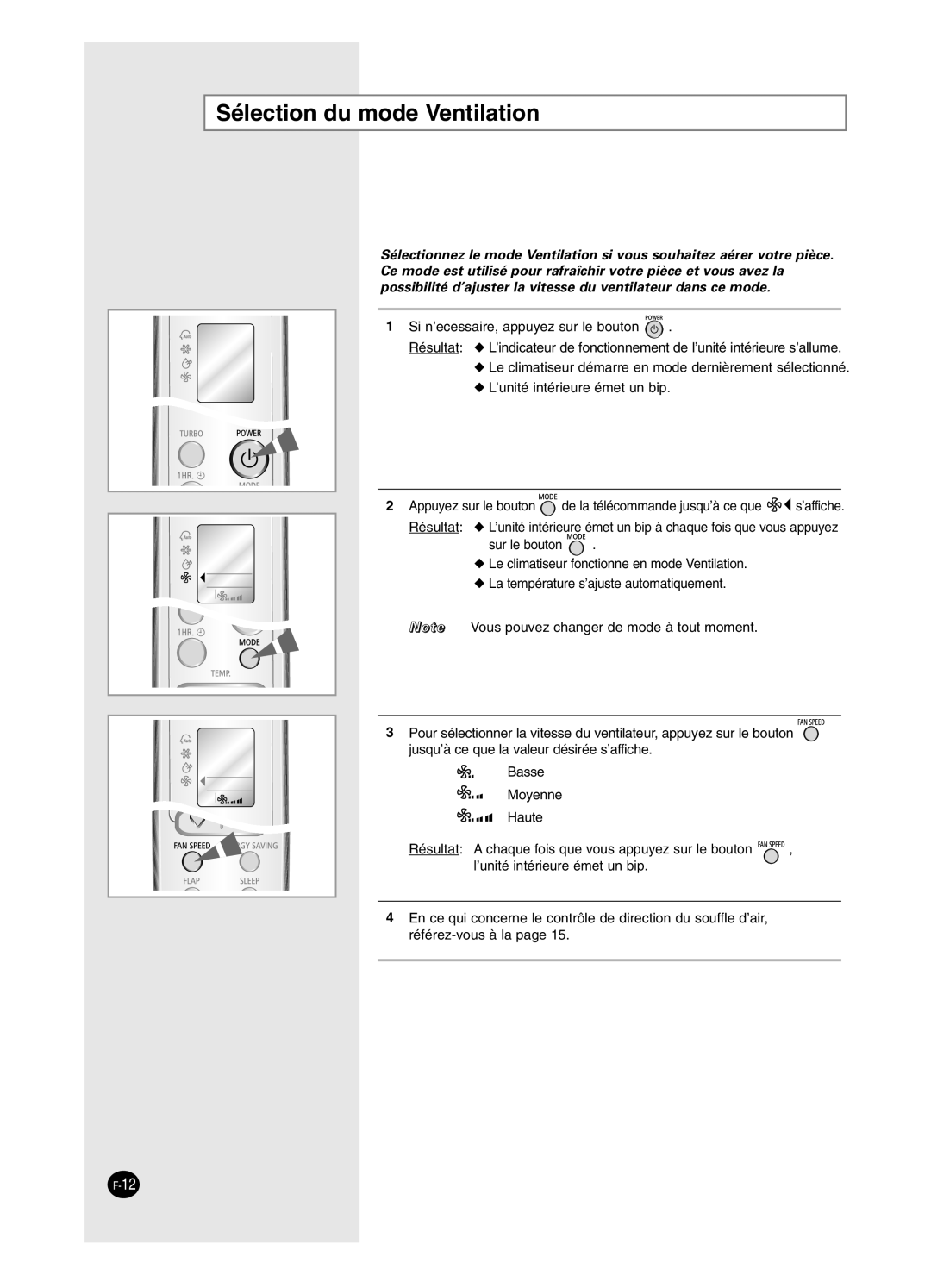 Samsung SC18AW6, SC24AW6 manual Sélection du mode Ventilation 