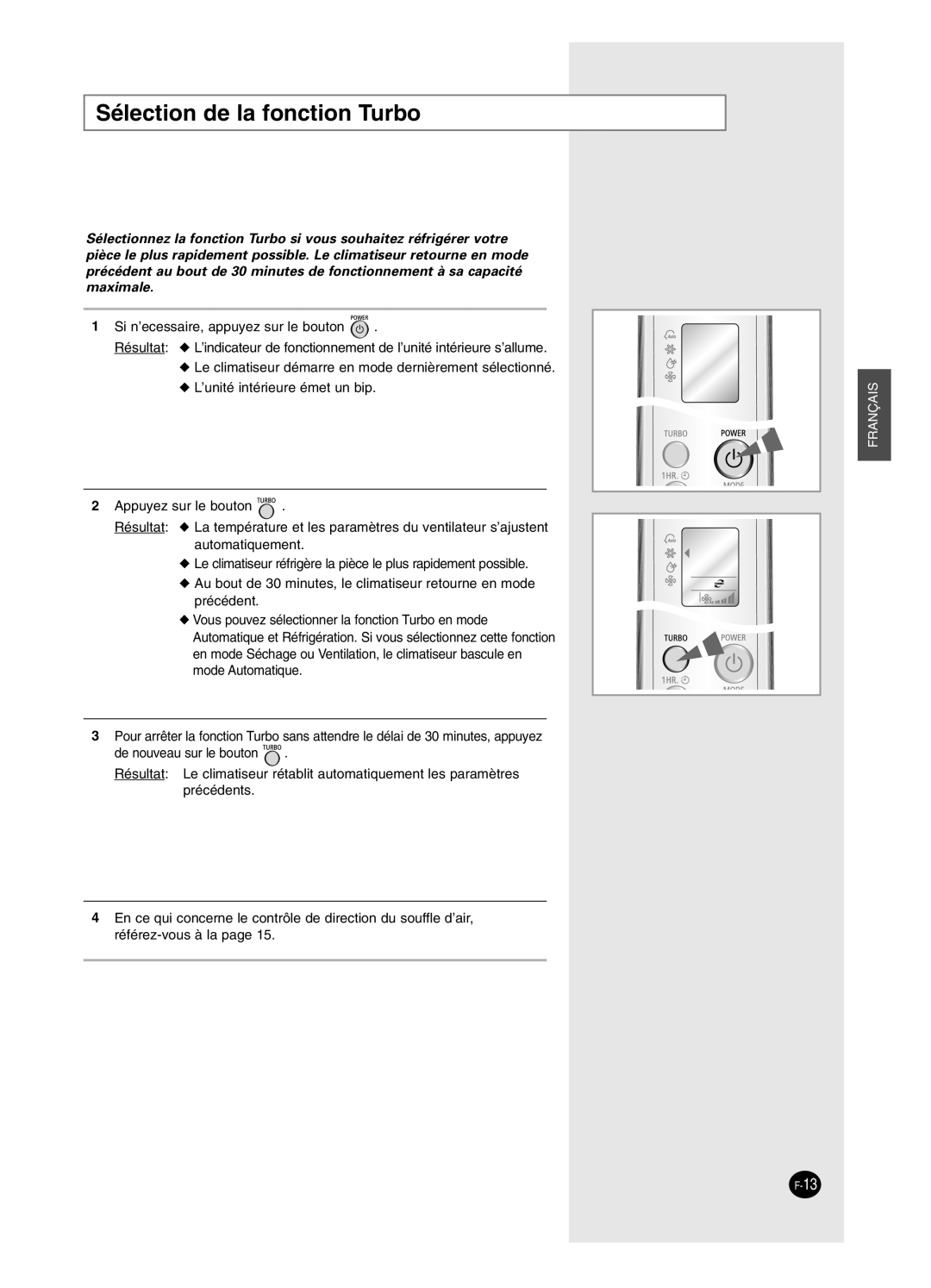 Samsung SC24AW6, SC18AW6 manual Sélection de la fonction Turbo 