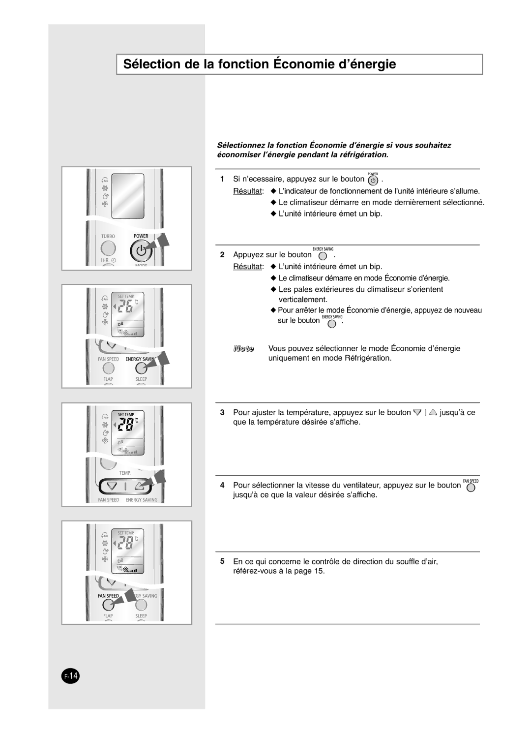 Samsung SC18AW6, SC24AW6 manual Sélection de la fonction Économie d’énergie 