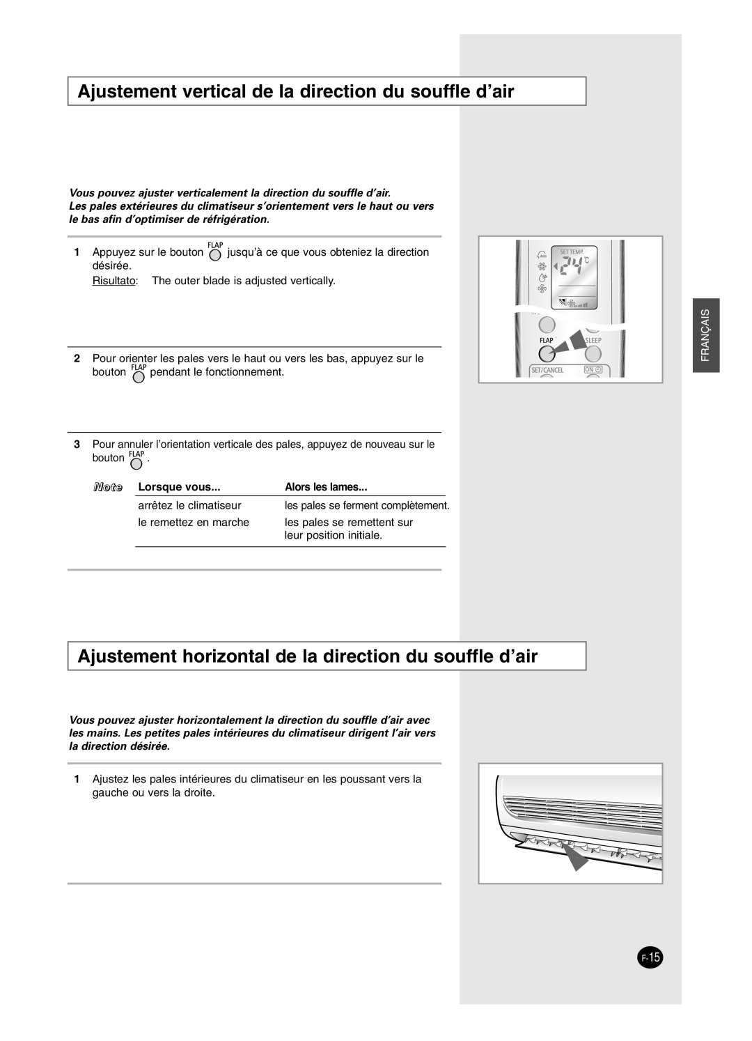 Samsung SC24AW6, SC18AW6 manual Ajustement vertical de la direction du souffle d’air 