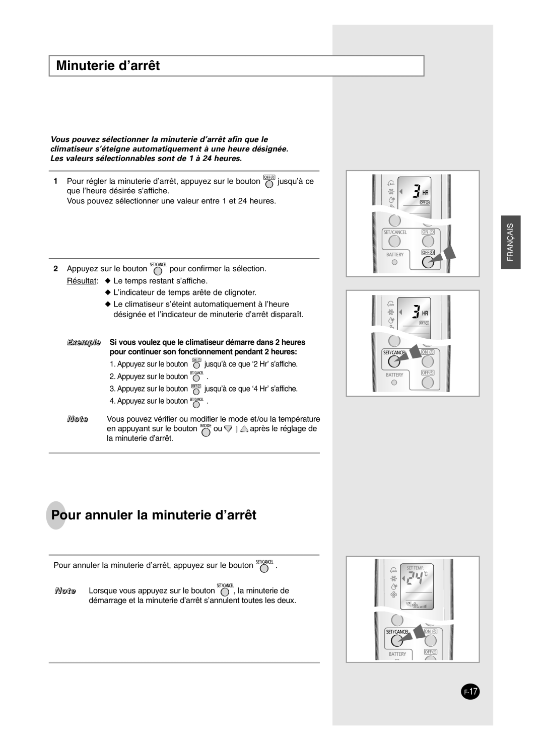 Samsung SC24AW6, SC18AW6 manual Minuterie d’arrêt, Pour annuler la minuterie d’arrêt 