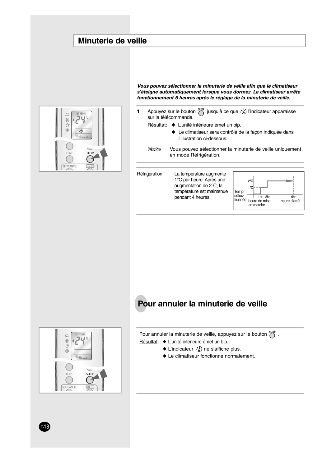 Samsung SC18AW6, SC24AW6 manual Minuterie de veille, Pour annuler la minuterie de veille 