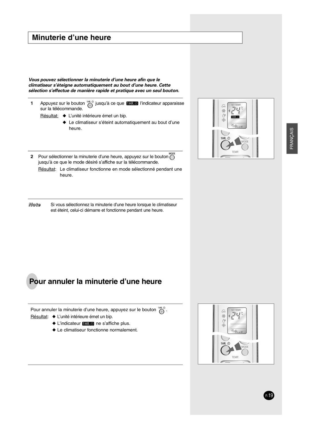 Samsung SC24AW6, SC18AW6 manual Minuterie d’une heure, Pour annuler la minuterie d’une heure 