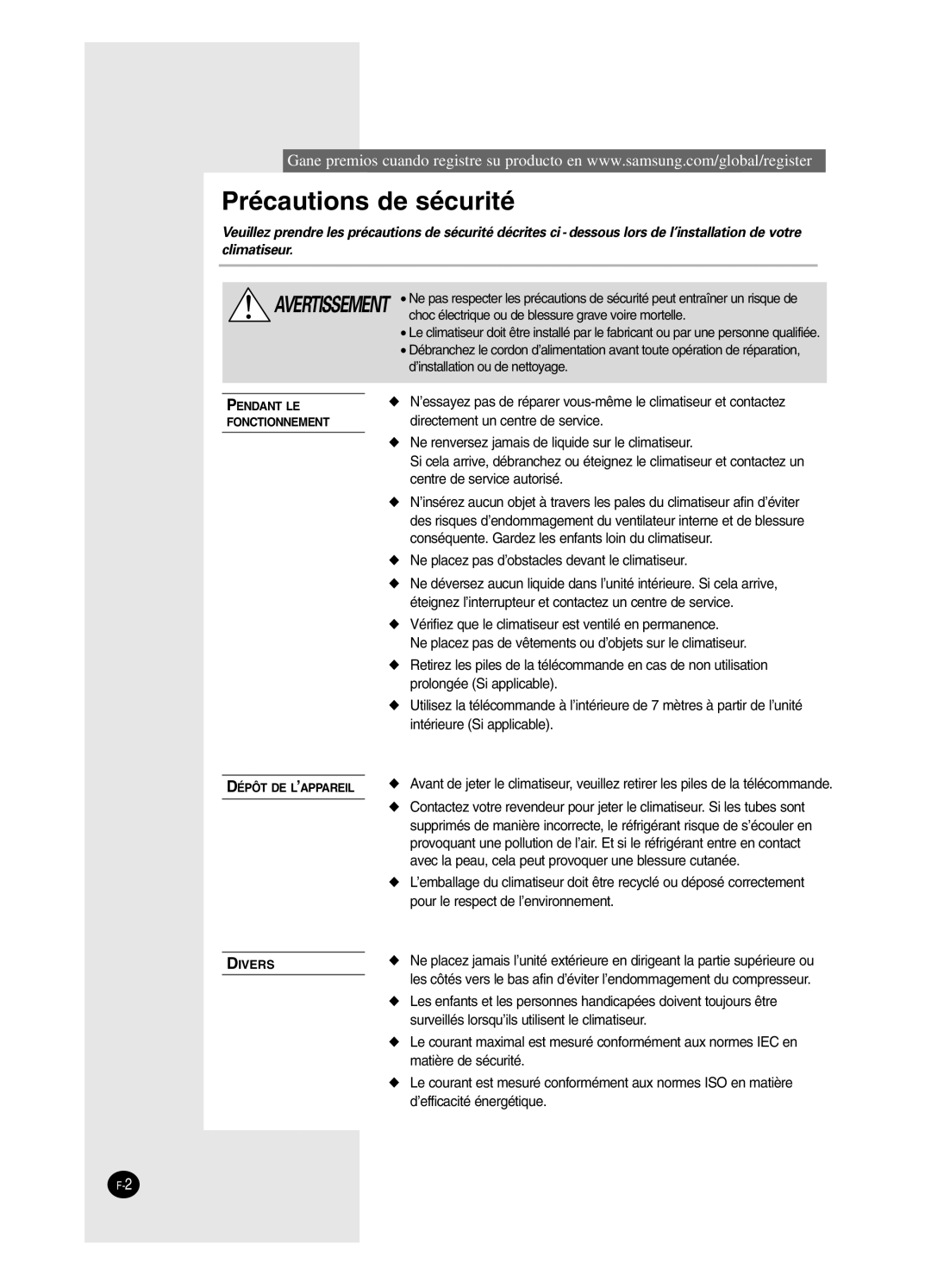 Samsung SC18AW6, SC24AW6 manual Précautions de sécurité 