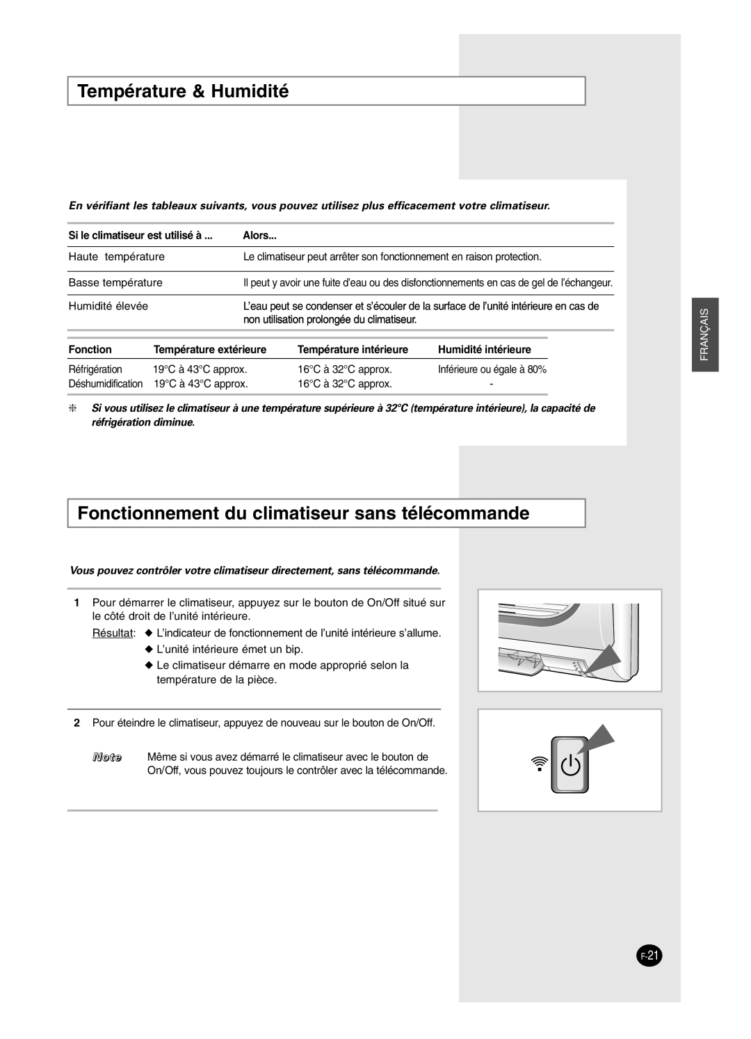 Samsung SC24AW6, SC18AW6 manual Température & Humidité, Fonctionnement du climatiseur sans télécommande 