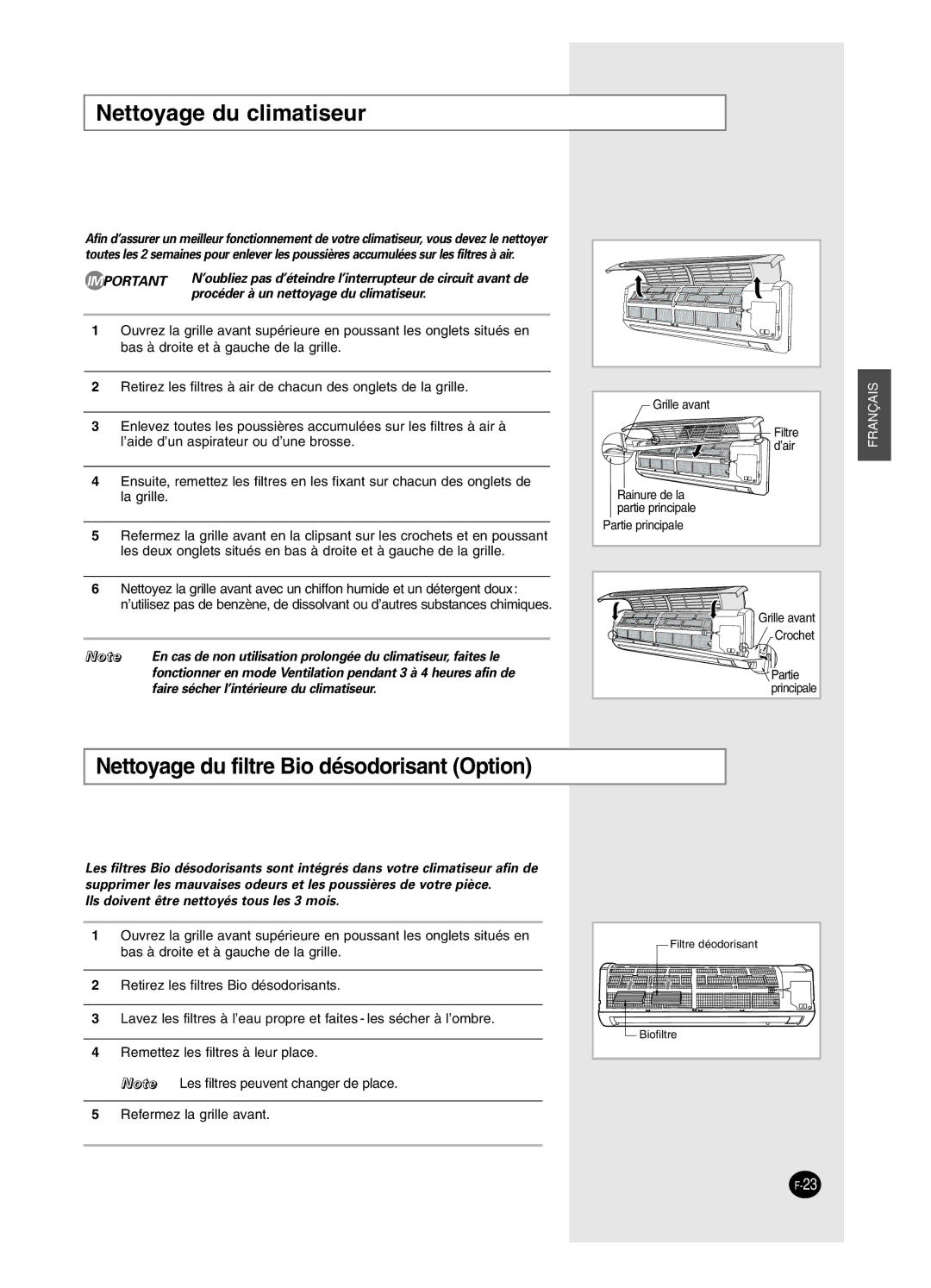 Samsung SC24AW6, SC18AW6 manual Nettoyage du climatiseur, Nettoyage du filtre Bio désodorisant Option 