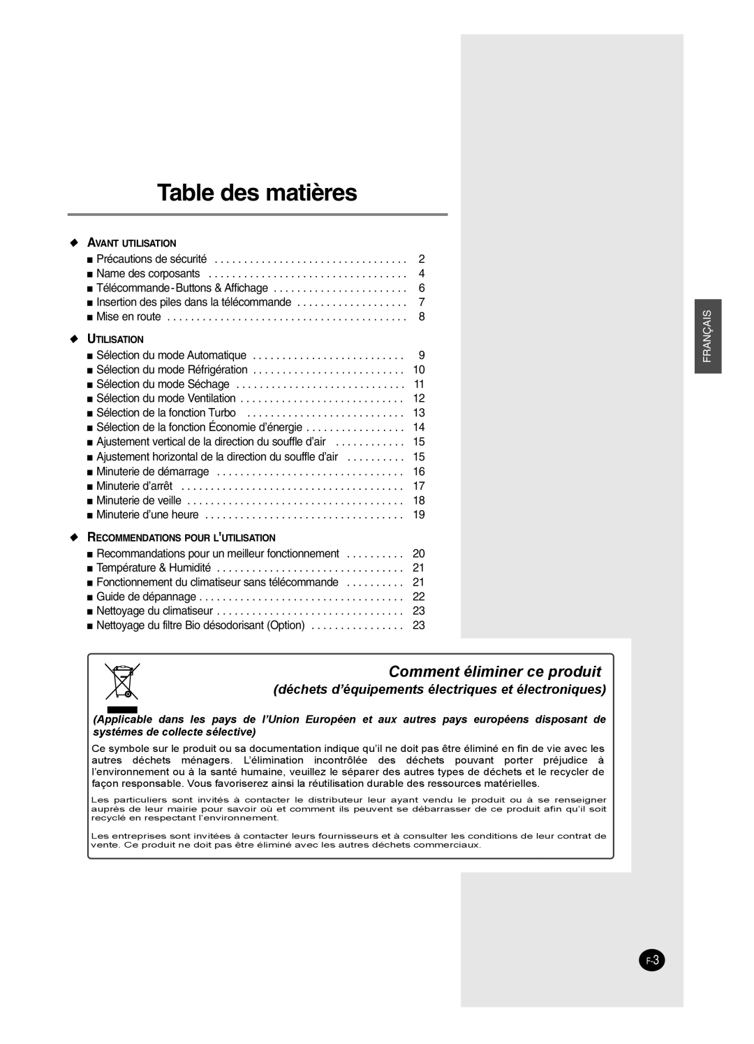 Samsung SC24AW6, SC18AW6 manual Table des matières 