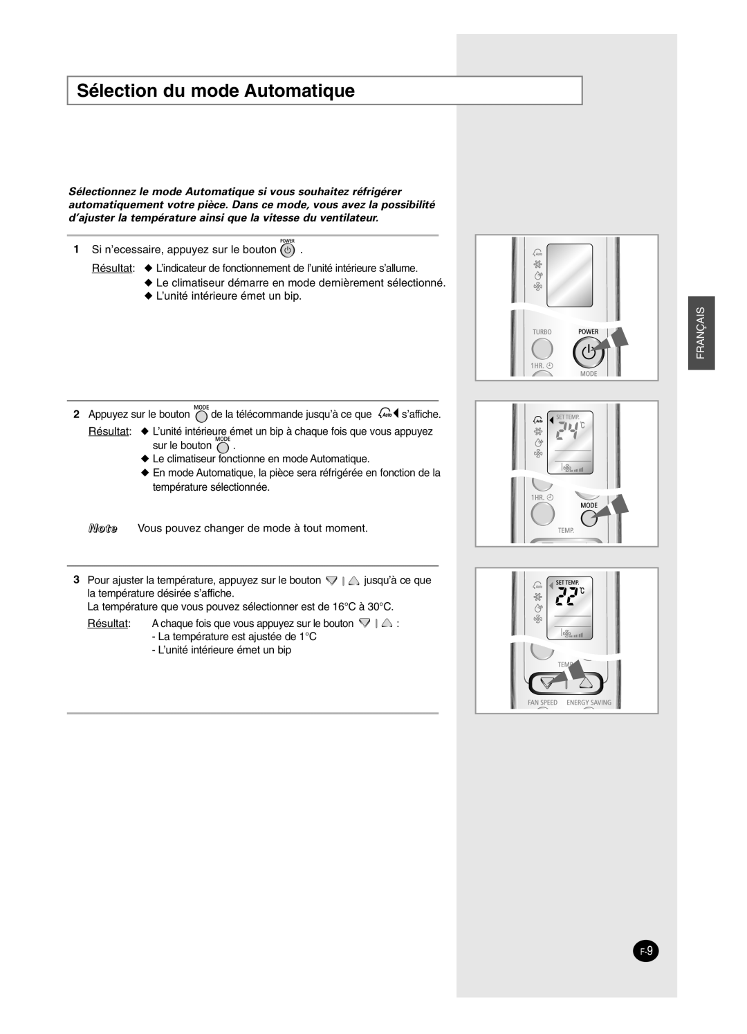 Samsung SC24AW6, SC18AW6 manual Sélection du mode Automatique 