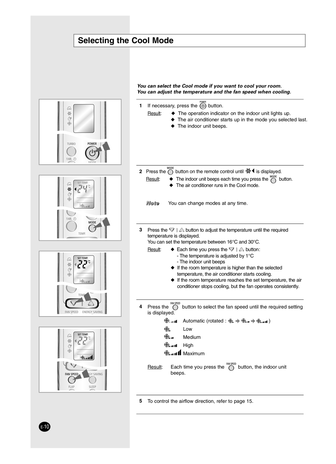 Samsung SC18AW6, SC24AW6 manual Selecting the Cool Mode 