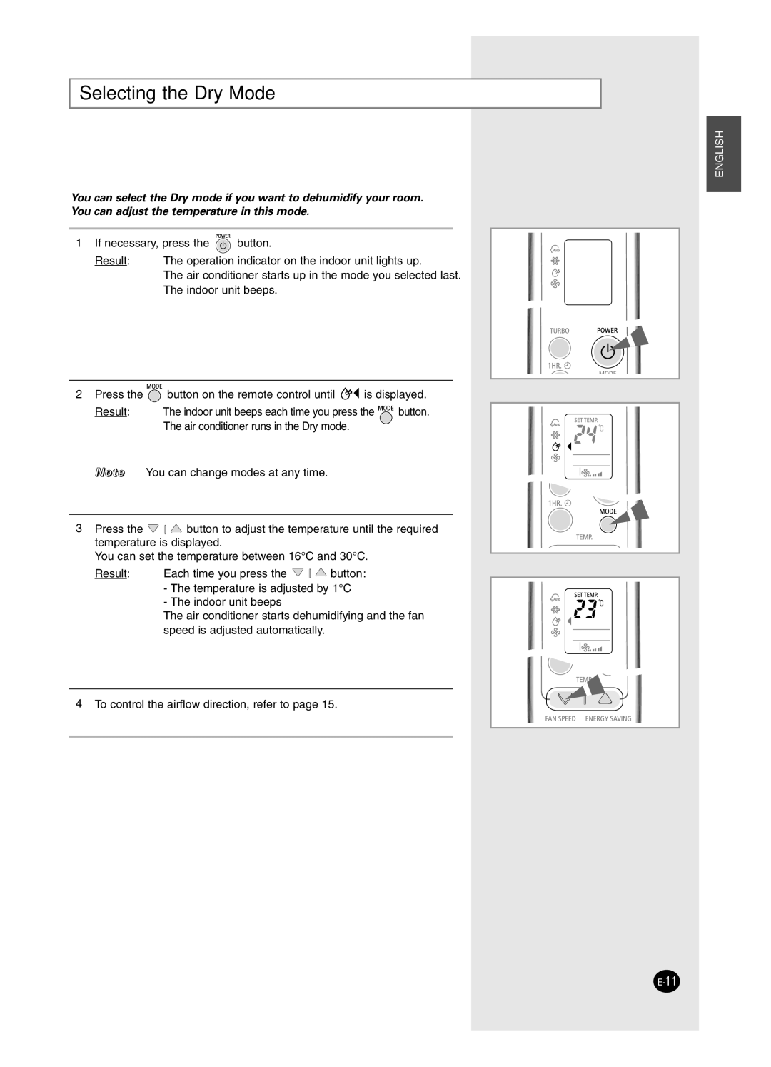 Samsung SC24AW6, SC18AW6 manual Selecting the Dry Mode 