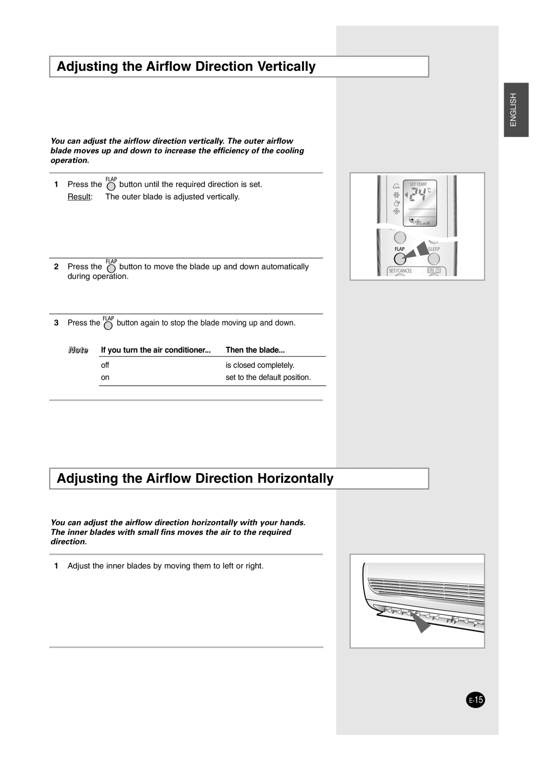 Samsung SC24AW6, SC18AW6 manual Adjusting the Airflow Direction Vertically, Adjusting the Airflow Direction Horizontally 