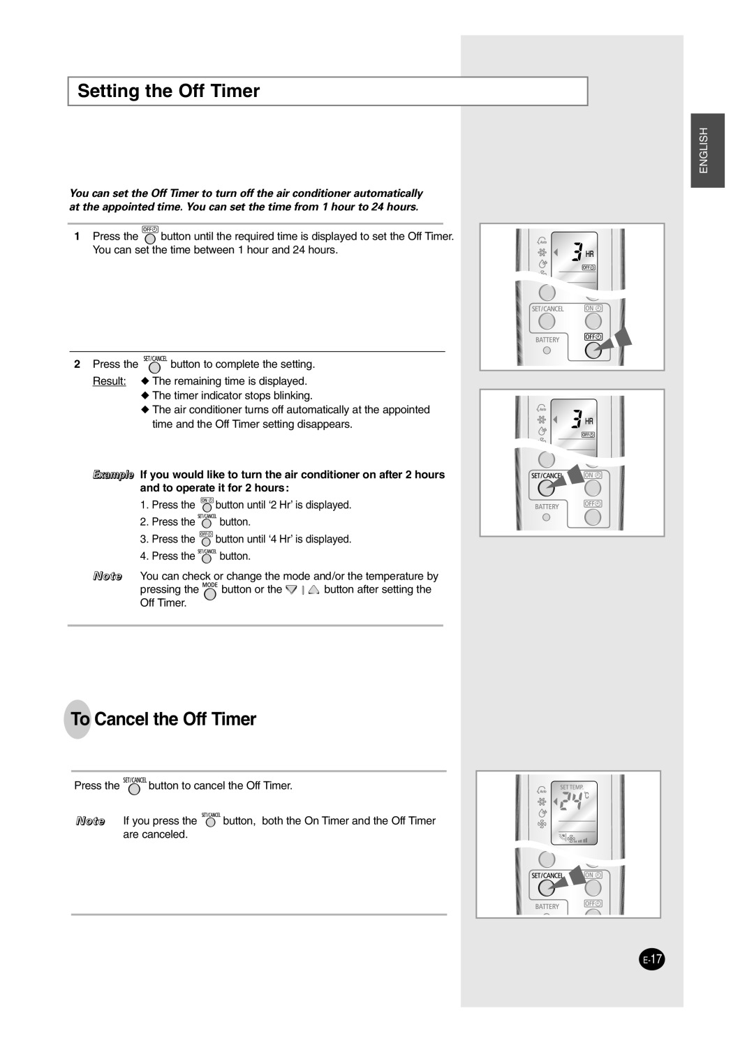 Samsung SC24AW6, SC18AW6 manual Setting the Off Timer, To Cancel the Off Timer 