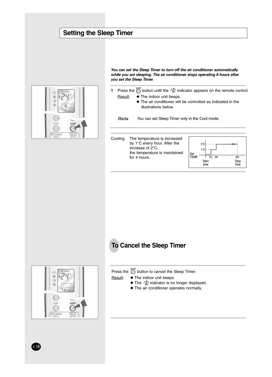 Samsung SC18AW6, SC24AW6 manual Setting the Sleep Timer, To Cancel the Sleep Timer 