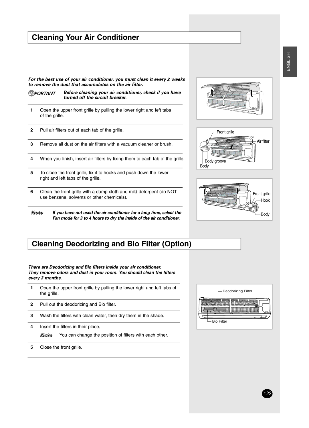 Samsung SC24AW6, SC18AW6 manual Cleaning Your Air Conditioner, Cleaning Deodorizing and Bio Filter Option 