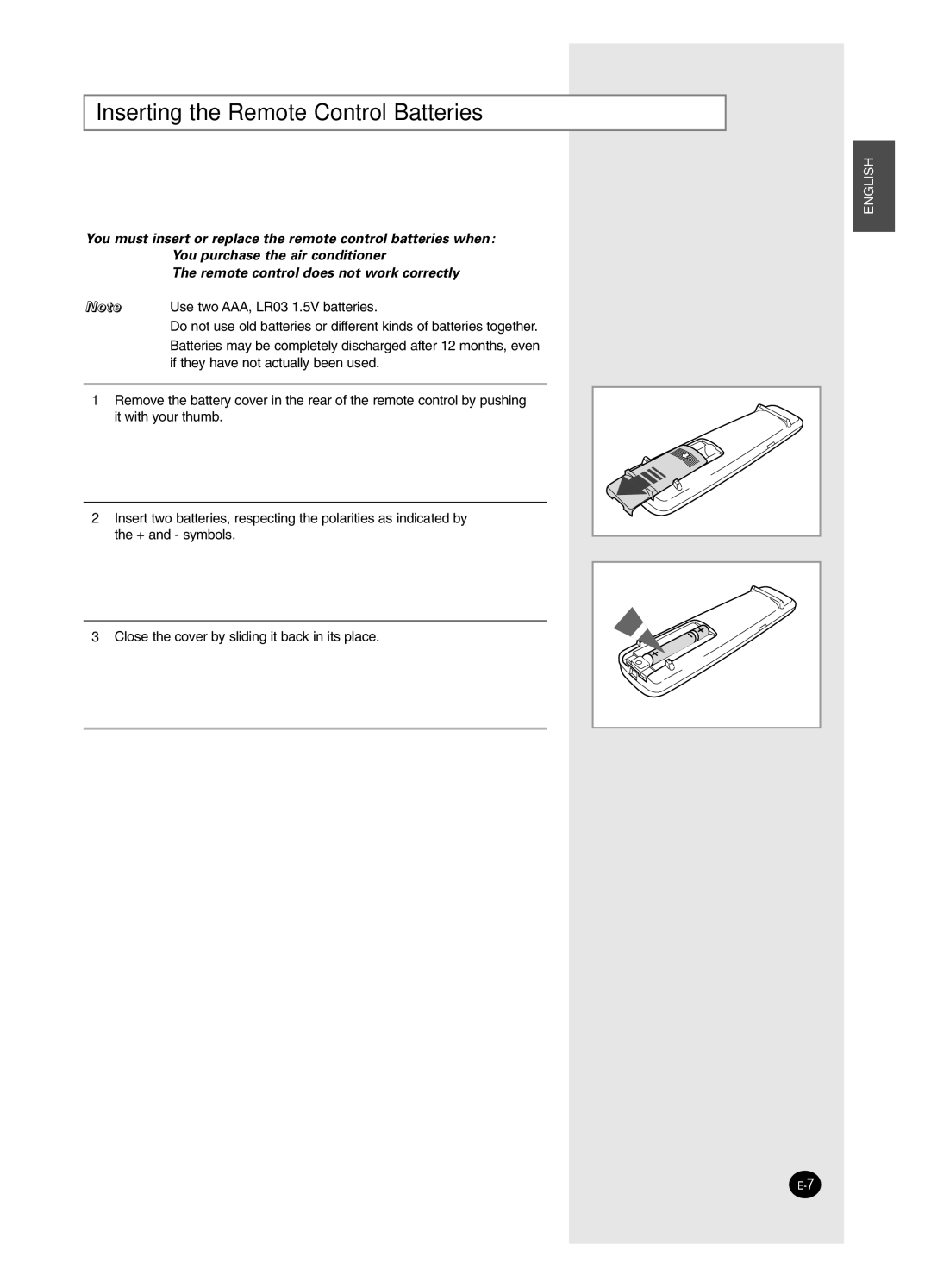 Samsung SC24AW6, SC18AW6 manual Inserting the Remote Control Batteries 