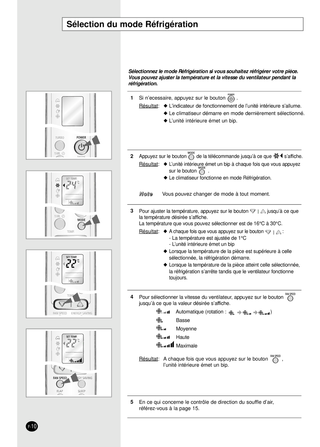 Samsung SC18AW6, SC24AW6 manual Sélection du mode Réfrigération 