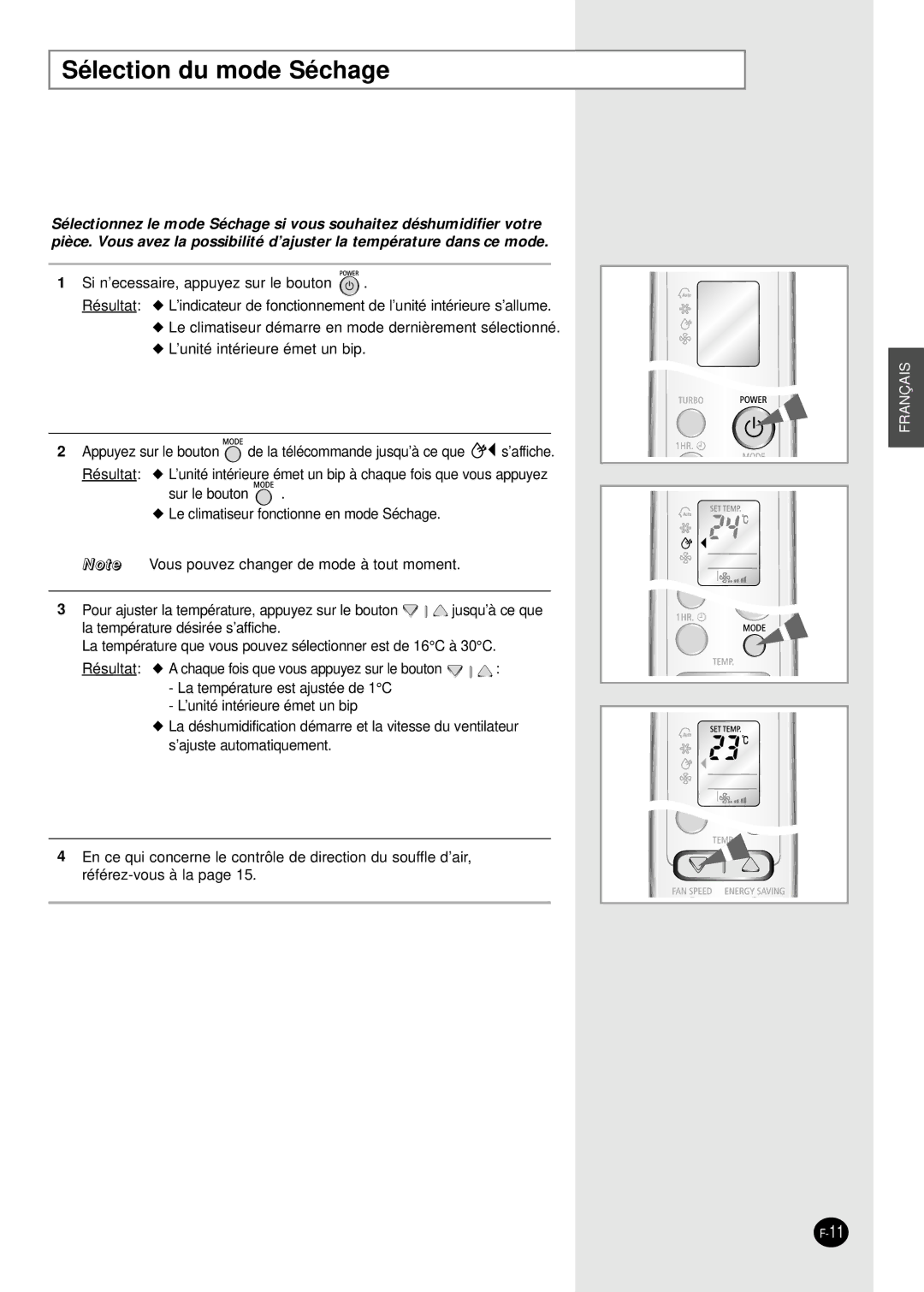 Samsung SC24AW6, SC18AW6 manual Sélection du mode Séchage 