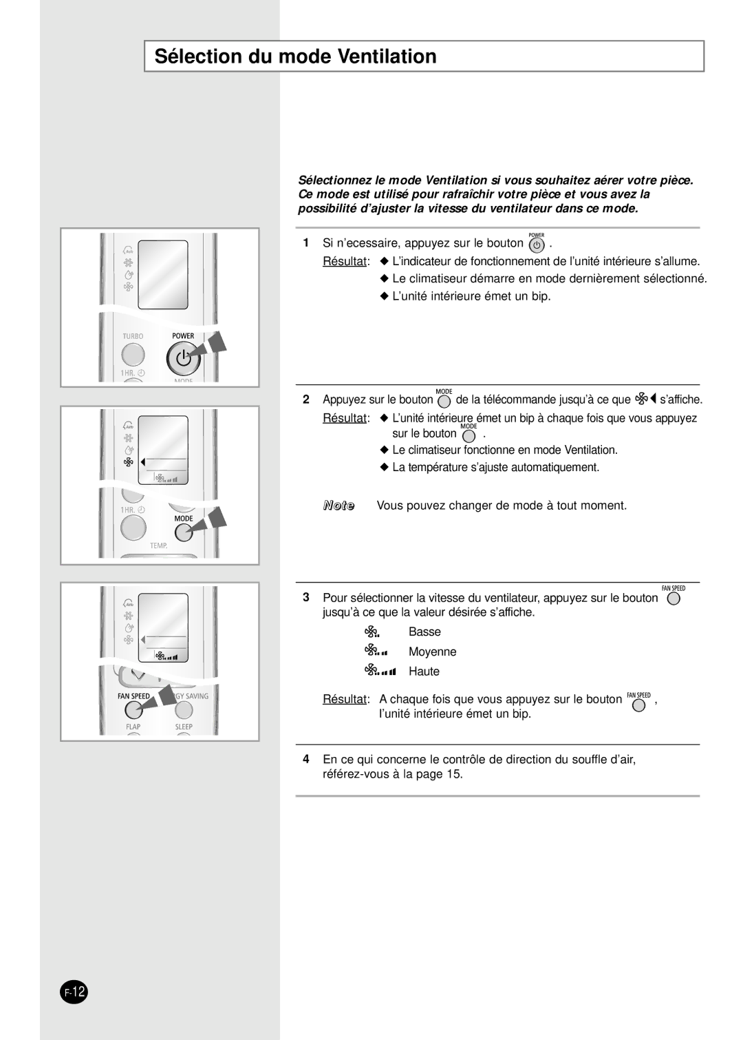 Samsung SC18AW6, SC24AW6 manual Sélection du mode Ventilation 