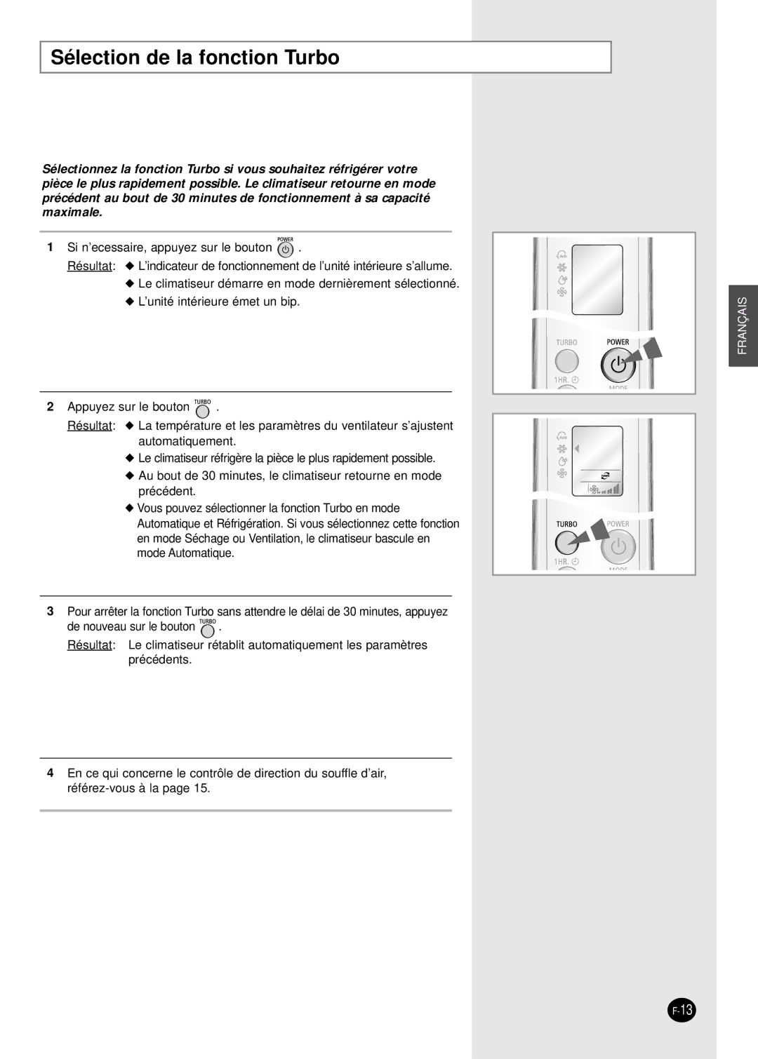 Samsung SC24AW6, SC18AW6 manual Sélection de la fonction Turbo 