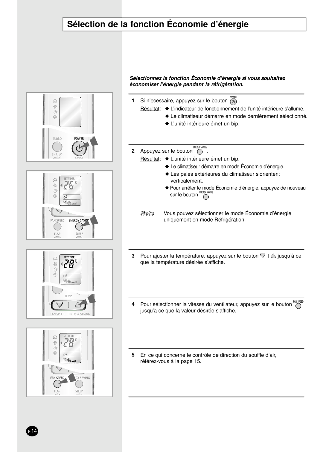 Samsung SC18AW6, SC24AW6 manual Sélection de la fonction Économie d’énergie 